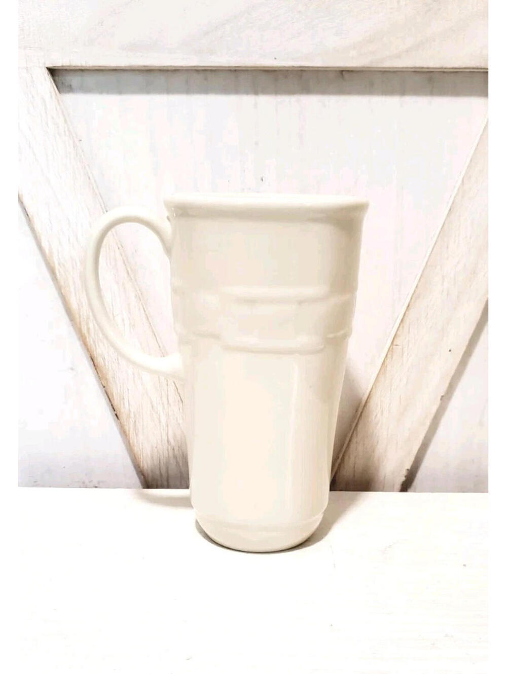 Longaberger Tall 16oz Travel Coffee Tea Mug Ivory 6.5" Pottery Woven Traditions
